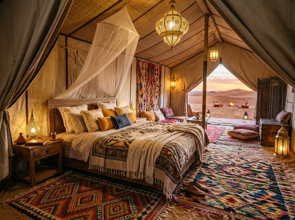 Lantern-lit luxury desert camp at twilight on the Sahara dunes