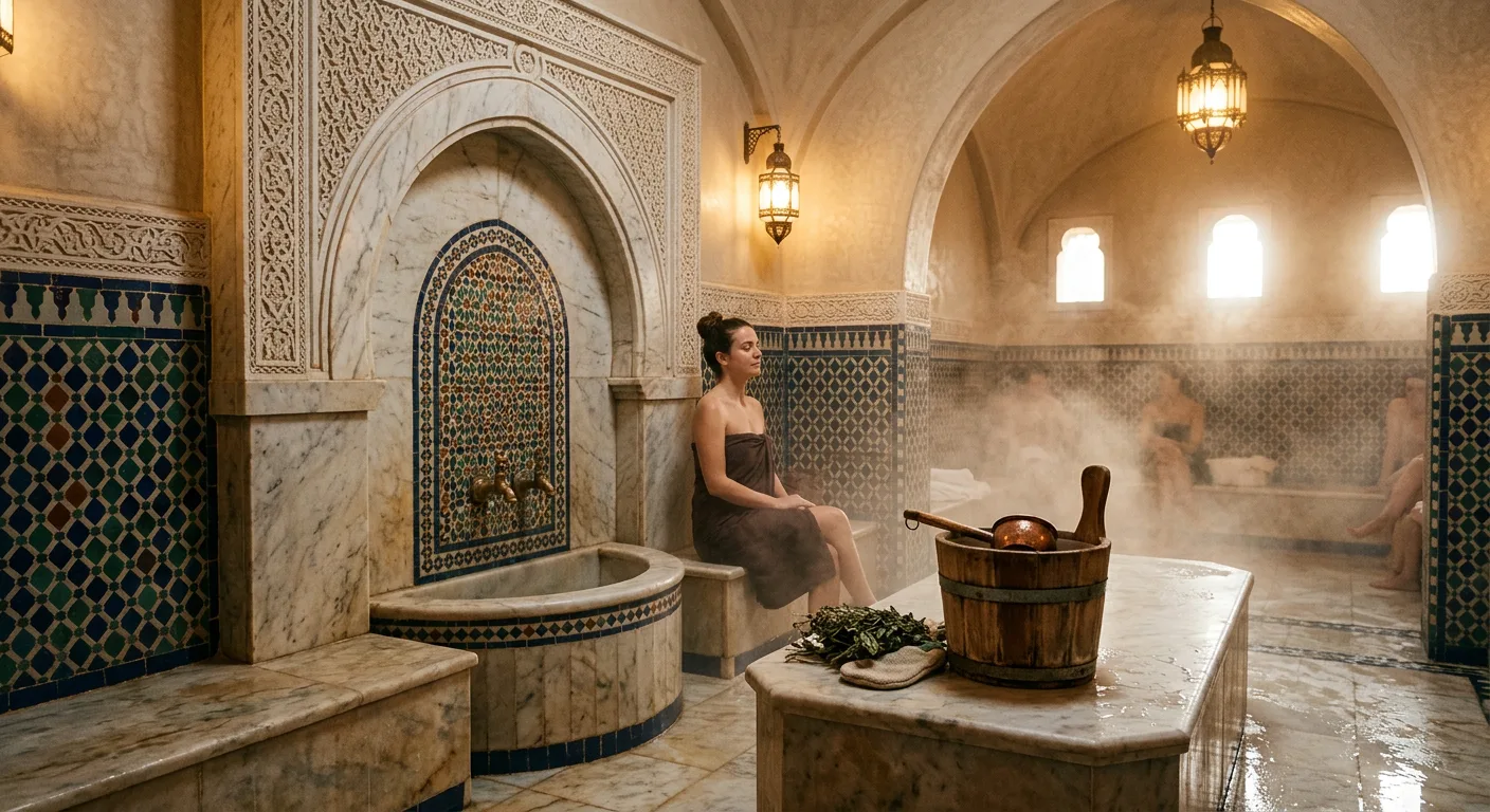 Rose-petal hammam ritual with brass bowls in a candlelit spa