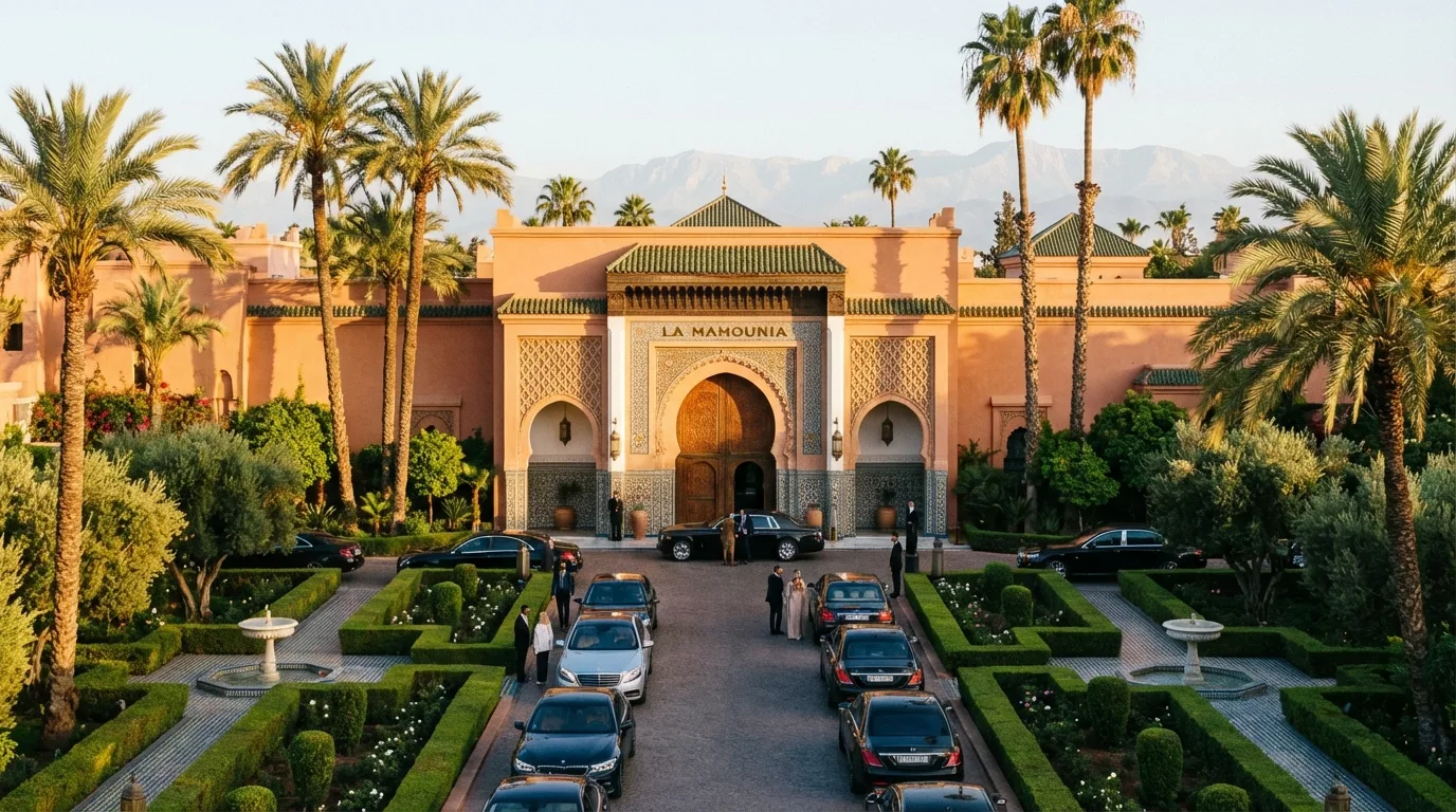 Palatial Marrakech riad at golden hour — arched colonnades and lantern light
