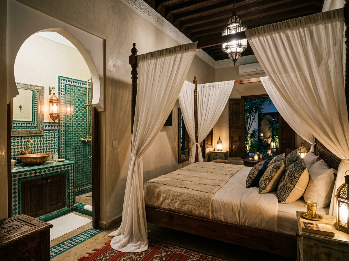 Serene riad suite with carved cedar, lanterns and ivory linen