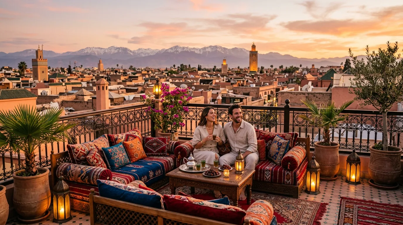 Private rooftop dinner at sunset over the Marrakech medina