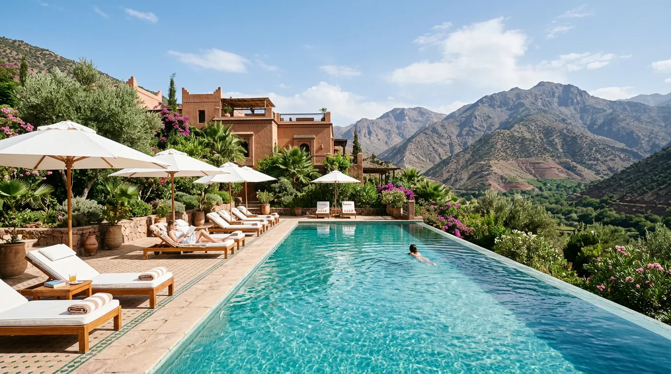 Still turquoise plunge pool framed by palms at a luxury Moroccan estate