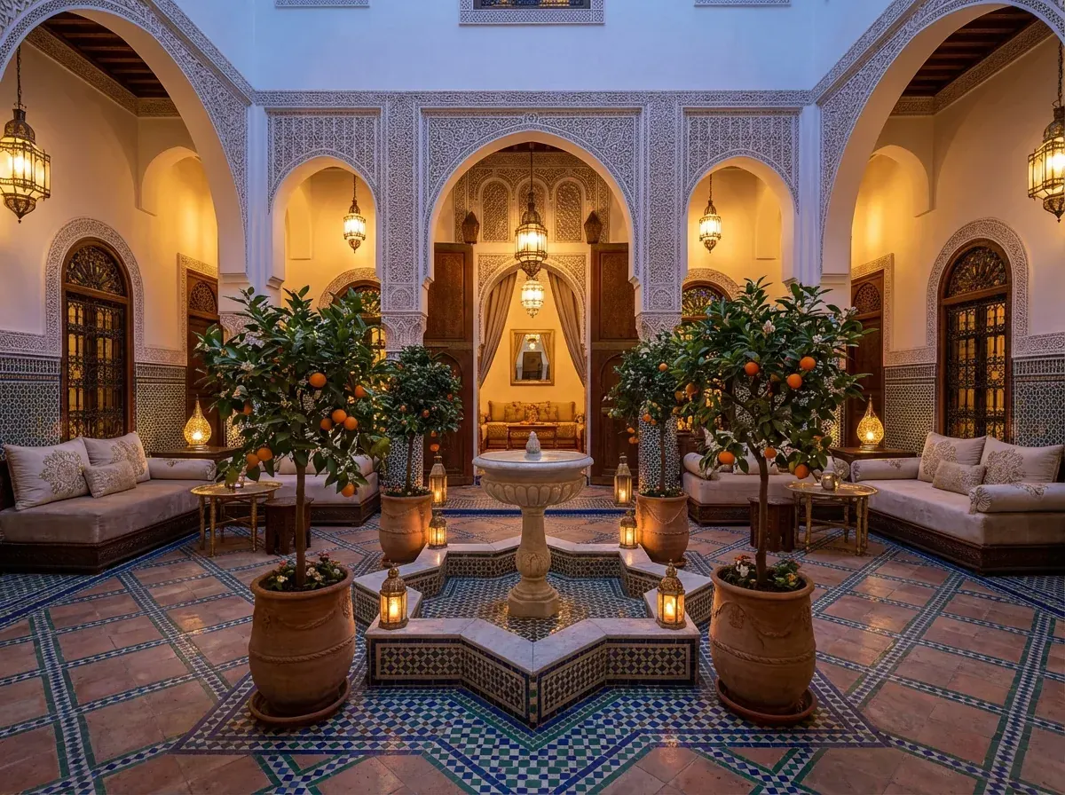 A still riad courtyard with zellige tilework, a fountain and orange trees