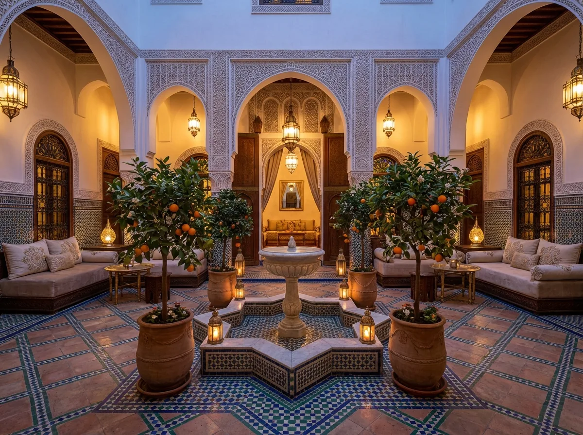 A still riad courtyard with zellige tilework, a fountain and orange trees